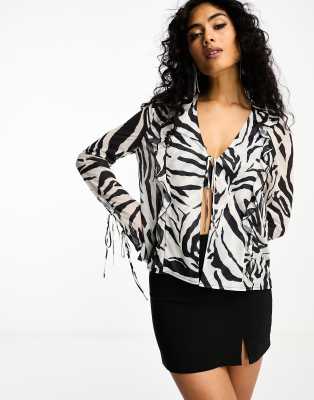 sheer tie front blouse in zebra print-Multi