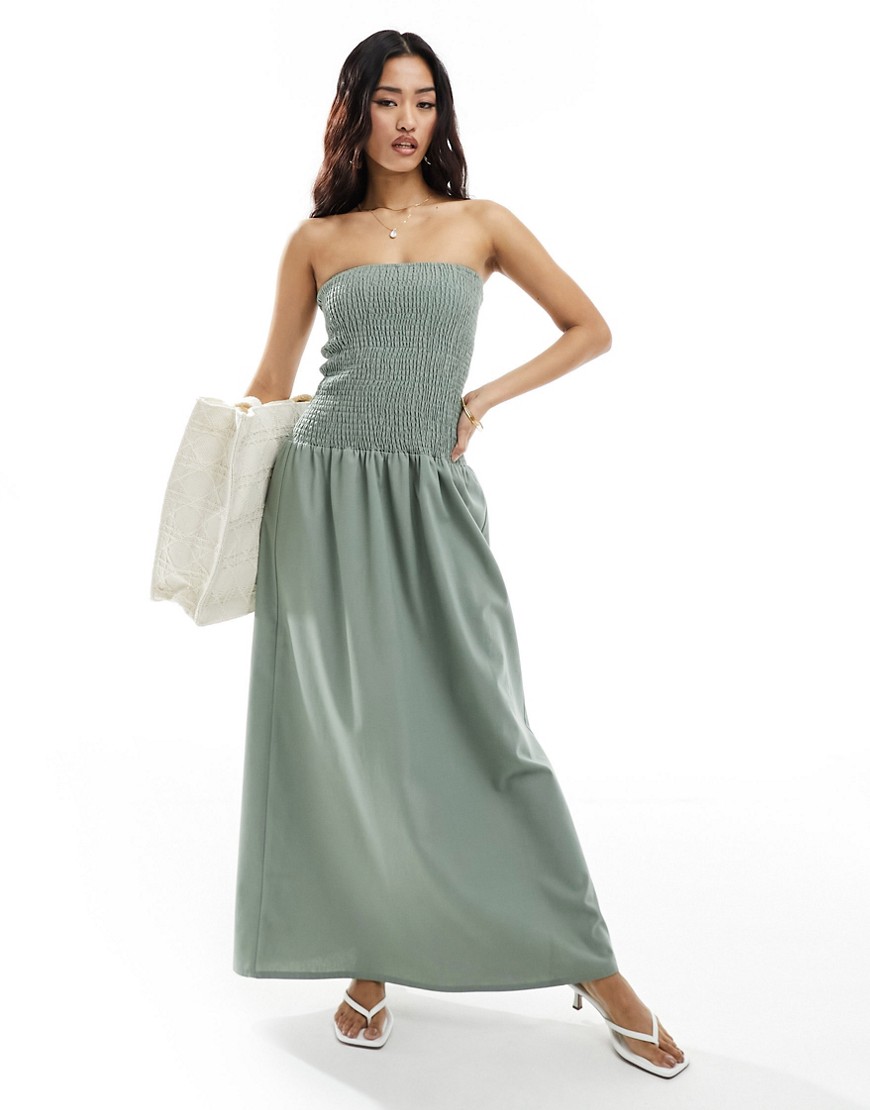 shirred bandeau dropped waist maxi dress in sage-Green