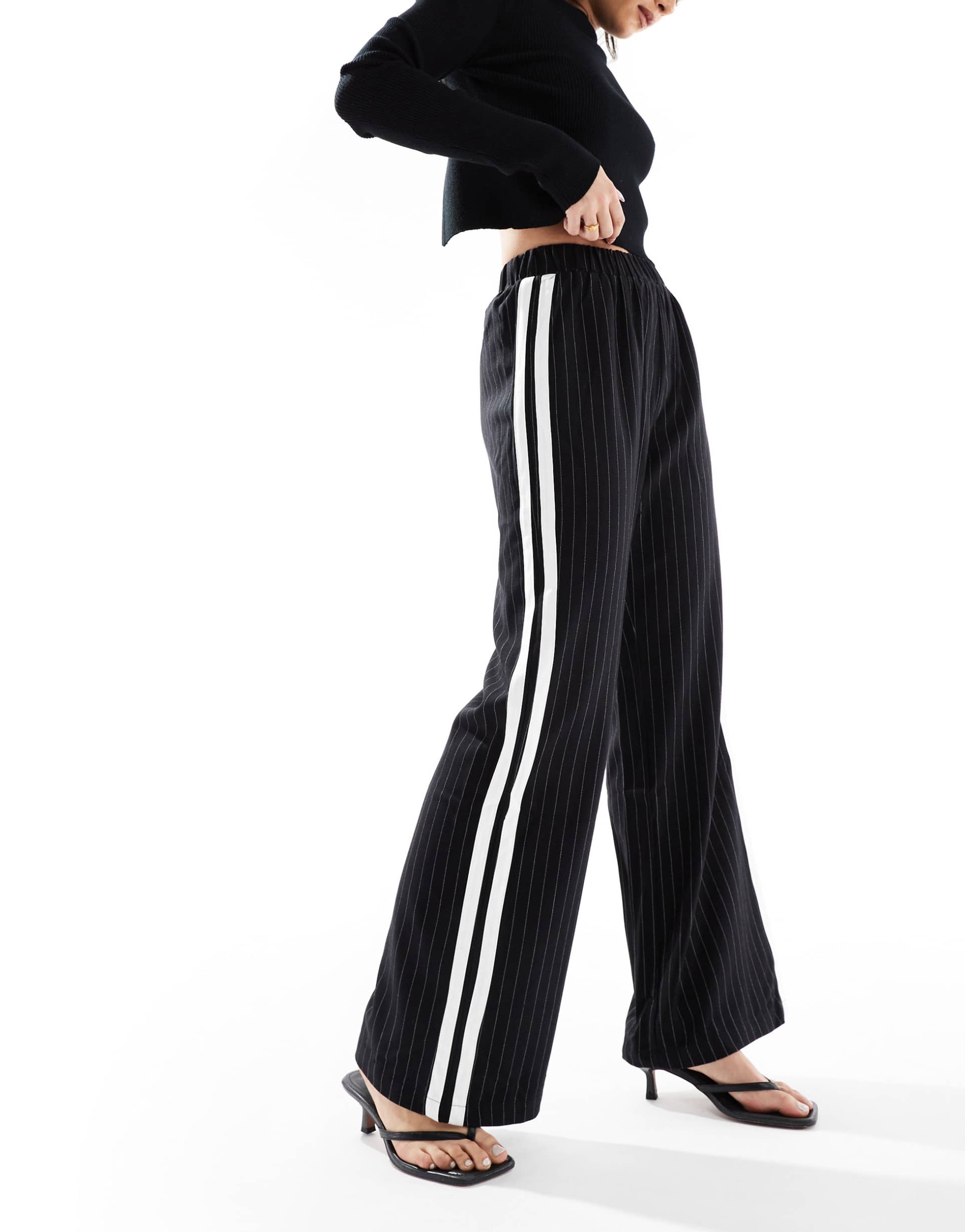 4th & reckless side stripe wide leg pants in black pinstripe