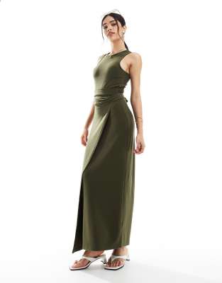 sleeveless drape tie side maxi dress in olive-Green