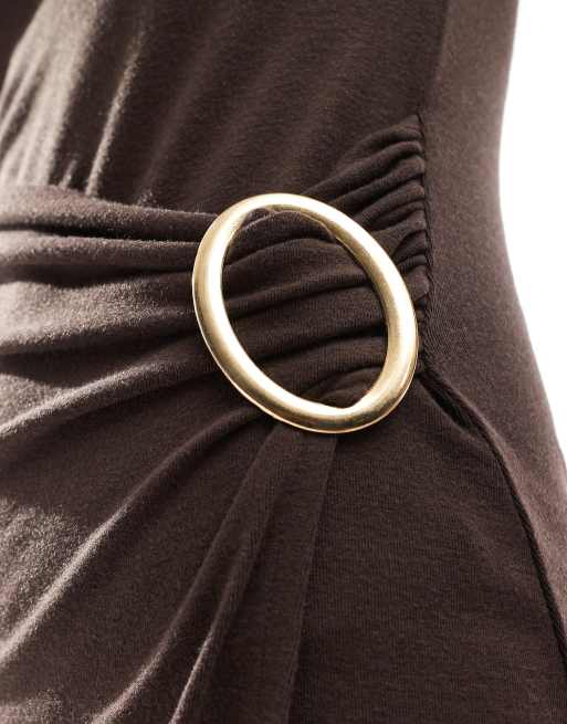 4th & Reckless sleeveless drape wrap ring detail maxi dress in chocolate