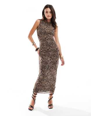 4th & Reckless Sleeveless Mesh Maxi Dress In Leopard Print-multi