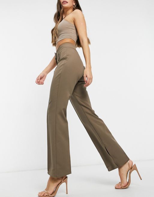 4th & Reckless slim leg pant with side slit detail in taupe brown
