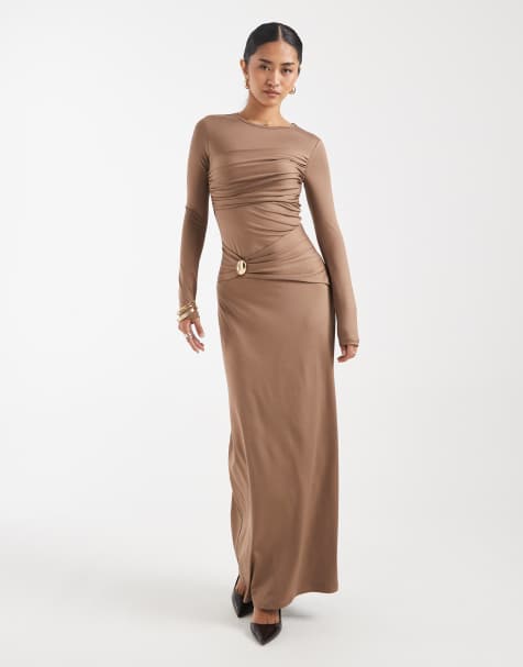 4th & Reckless slinky drape front metal detail ruched bust long sleeve maxi dress in mocha - view 1