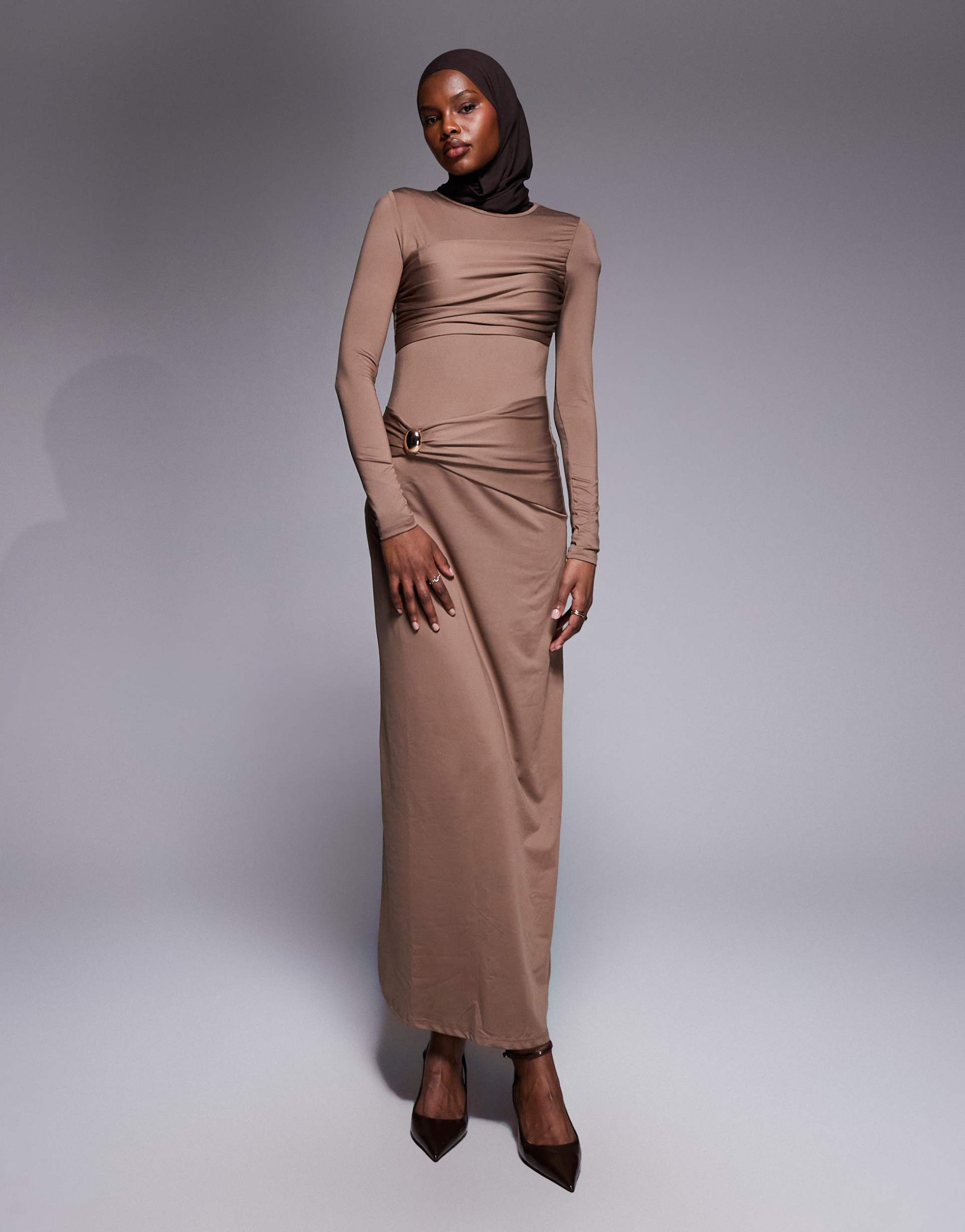 4th & reckless slinky drape front metal detail ruched bust long sleeve maxi dress in mocha