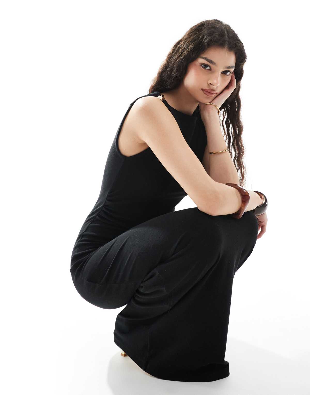 4th & Reckless slinky gold hardware detail off shoulder drape detail maxi dress in black