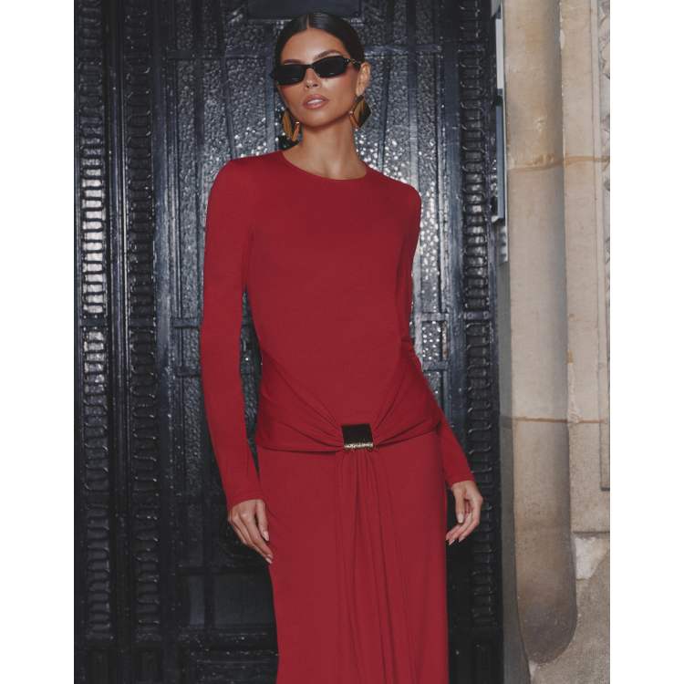 slim fit dress slacks Red Georgette Hand Embellished Drape Gown with Belt-WRK440 – Women Republic main image 1