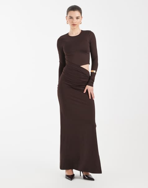 4th & Reckless slinky long sleeve asymmetric cut out detail side split maxi dress in chocolate - view 1