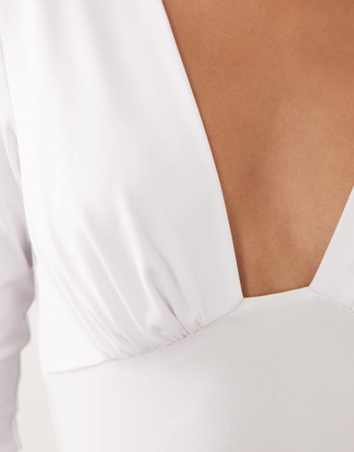 4th & Reckless slinky long sleeve plunge bodysuit in cream, 3 of 4