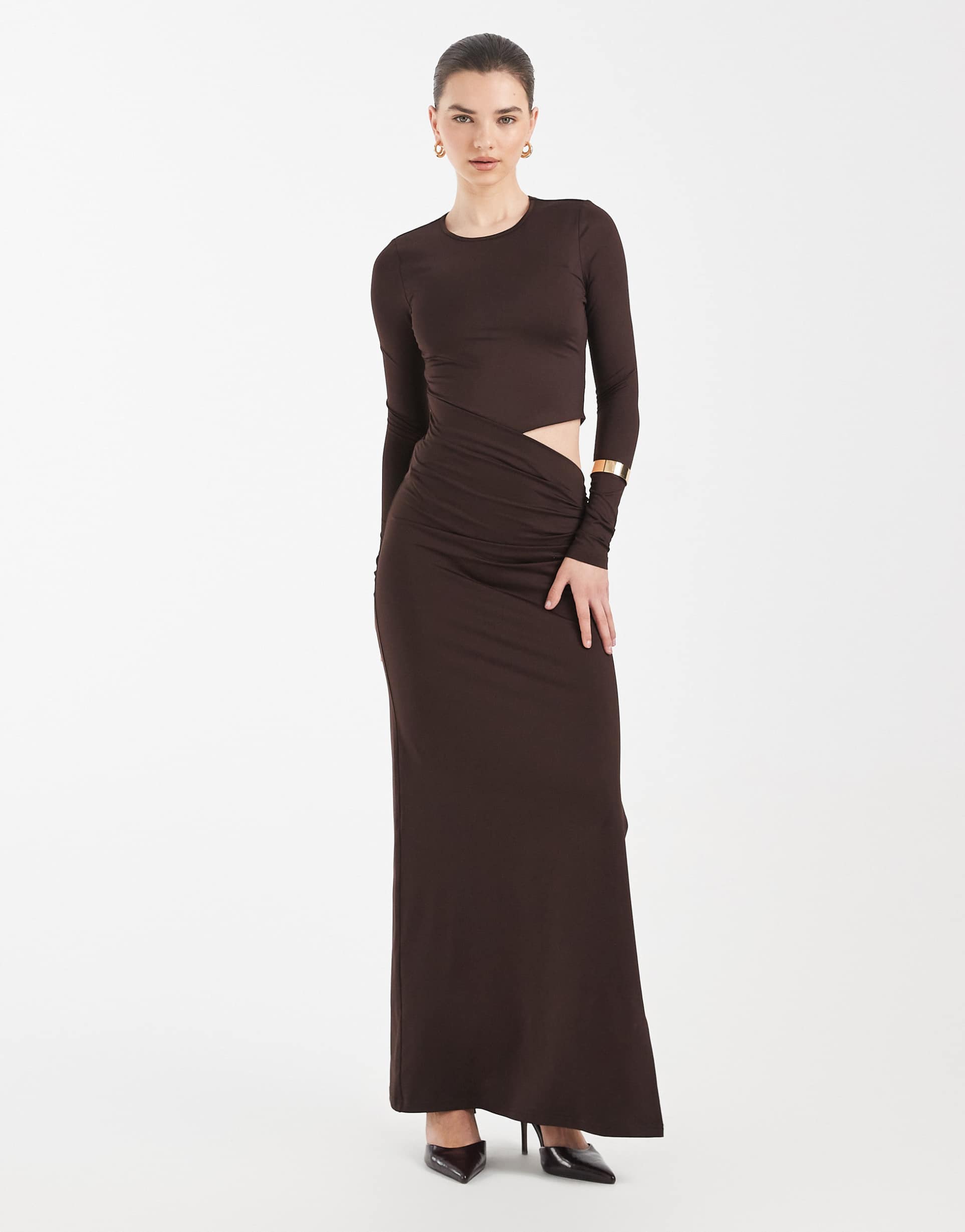 4th & reckless slinky long sleeve side cut-out detail side slit maxi dress in chocolate