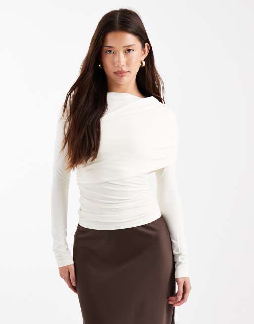 4th & Reckless slinky ruch shoulder drape detail top in white