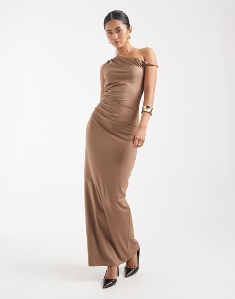 4th & Reckless slinky ruched side one shoulder twist detail maxi dress in mocha - view 1