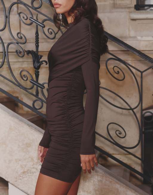 4th & Reckless slinky ruched wrap shoulder detail mini dress in chocolate