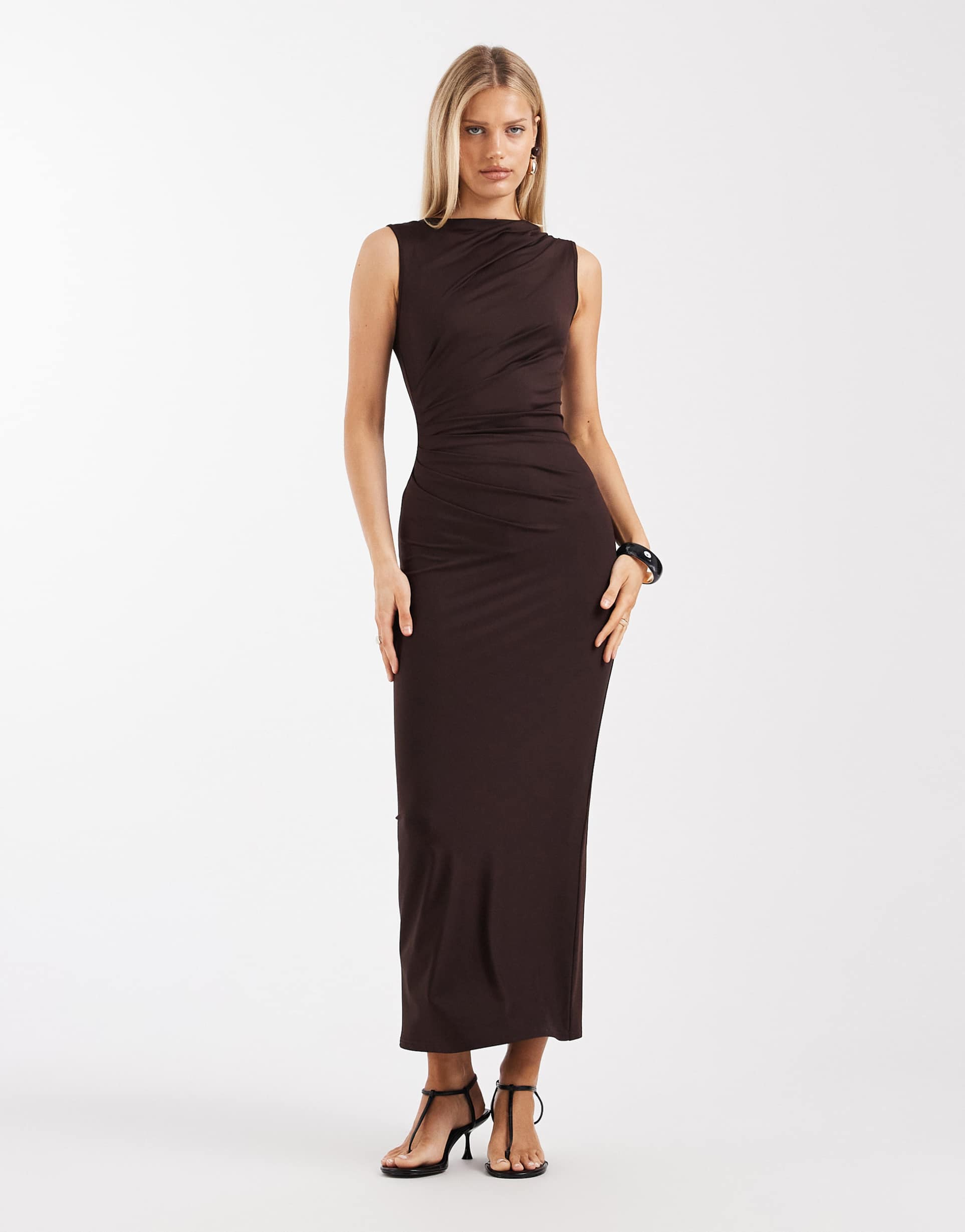 4th & reckless slinky sleeveless ruched slash neck maxi dress in chocolate