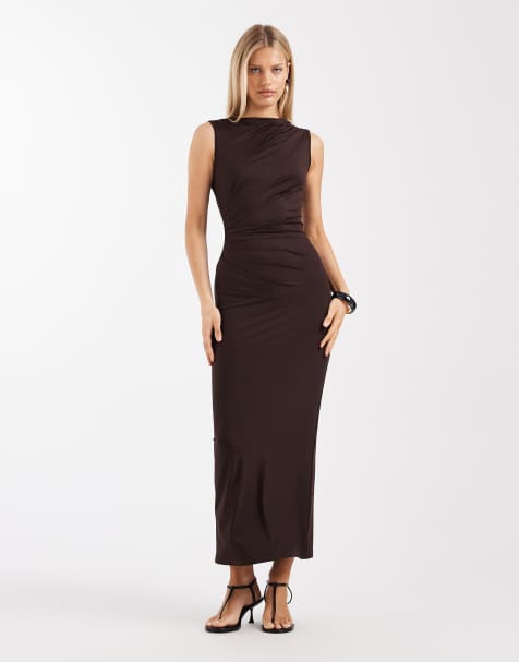4th & Reckless slinky sleeveless ruched slash neck maxi dress in chocolate
