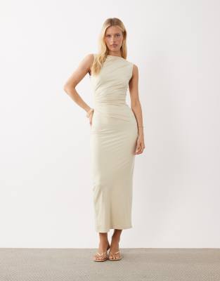 4th & Reckless Slinky Sleeveless Ruched Waist Detail Slash Neck Maxi Dress In Neutral