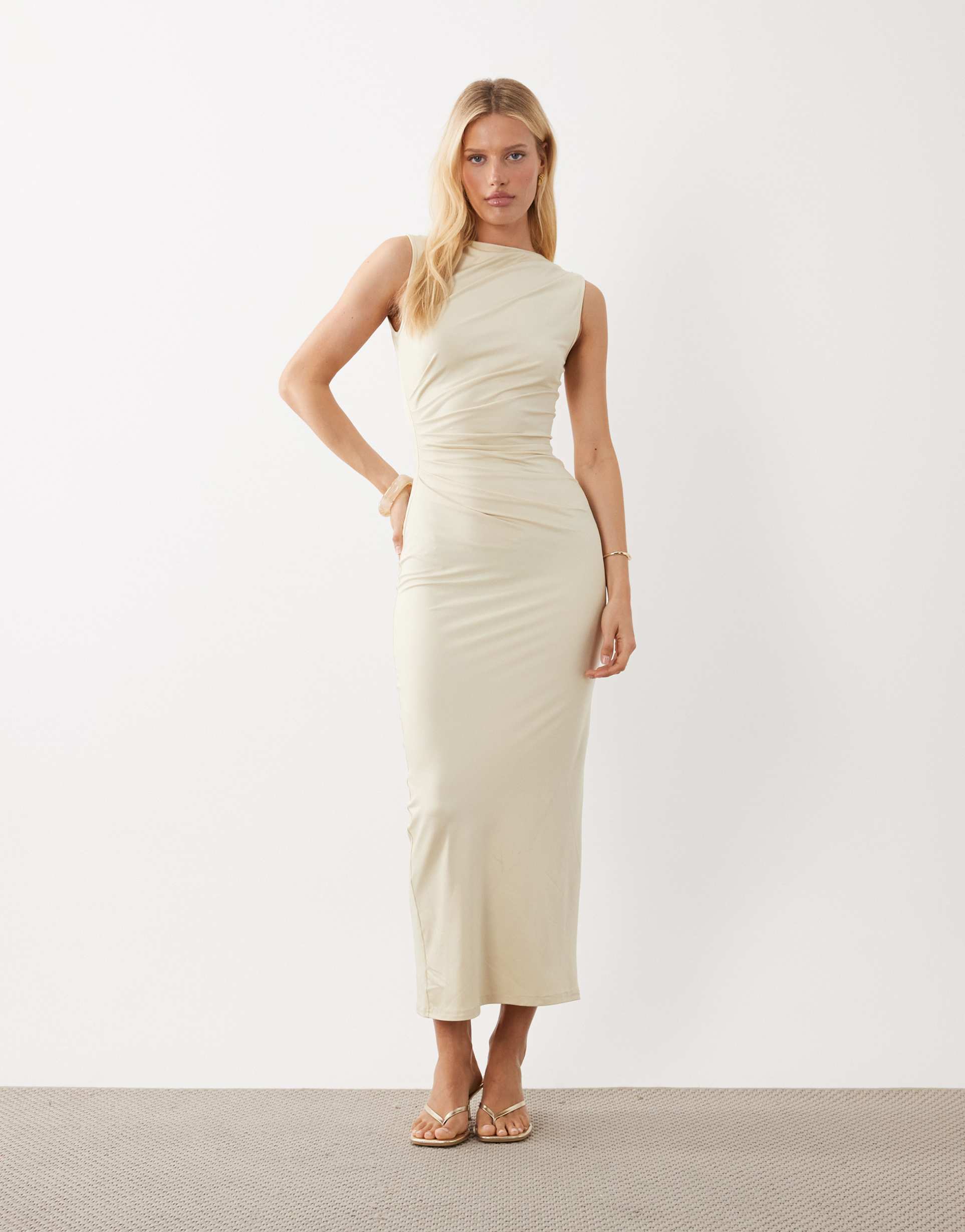 4th & reckless slinky sleeveless ruched waist detail slash neck maxi dress in cream