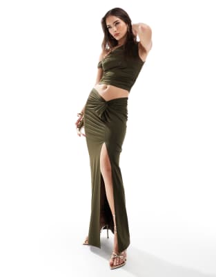 slinky twist detail thigh slit maxi skirt in khaki - part of a set-Green