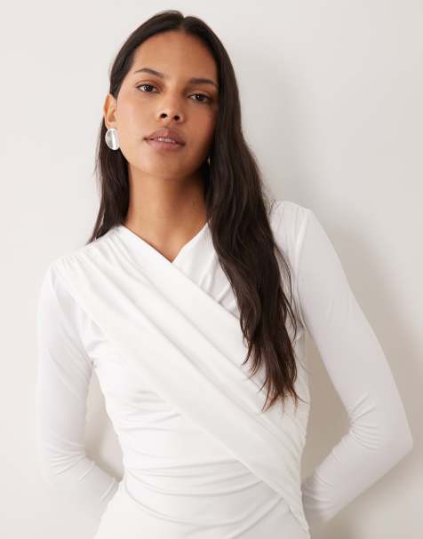 4th & Reckless slinky wrap ruched detail long sleeve top in off white - view 1