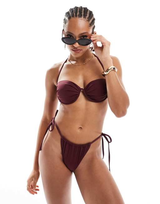 4th & Reckless - Slip bikini con laccetti laterali bordeaux in coordinato