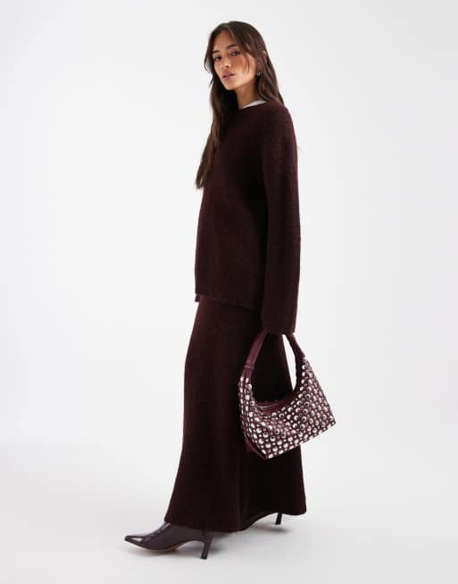 4th & Reckless – Śliwkowy prążkowany sweter dzianinowy oversize z szerokimi rękawami z domieszką wełny, część zestawu