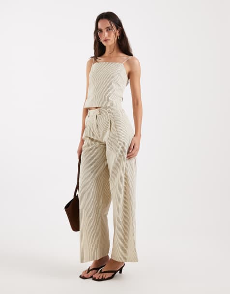 4th & Reckless soft feel square neck lace back detail cami top and wide leg trousers co-ord in beige pinstripe - view 1