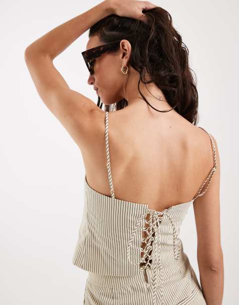 4th & Reckless soft feel square neck lace back detail cami top in beige pinstripe (part of a set) - view 1
