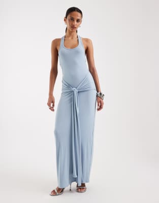 4th & Reckless Soft Jersey Scoop Halterneck Draped Tie Front Maxi Dress In Blue