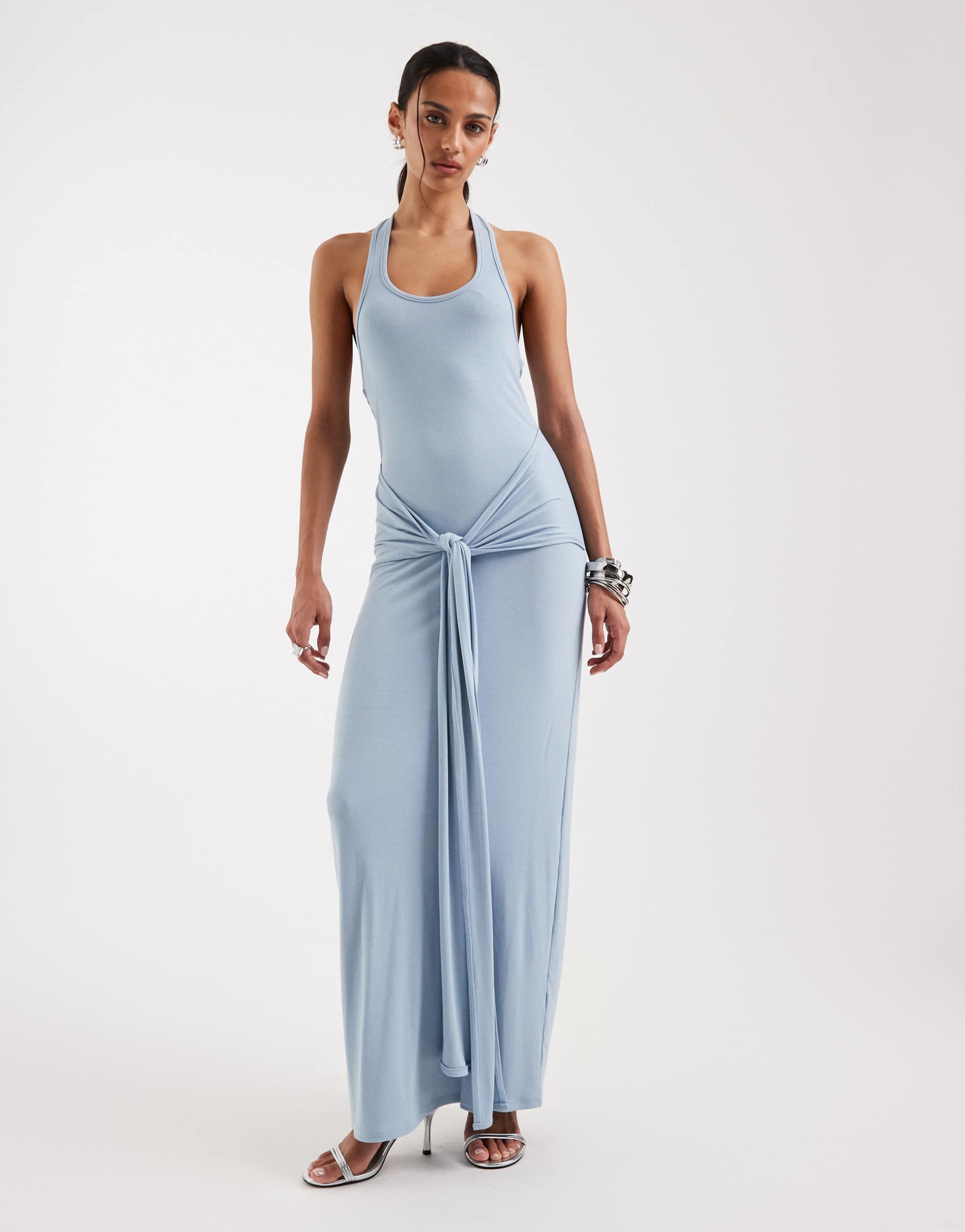 4th & reckless soft jersey scoop halterneck draped tie front maxi dress in baby blue