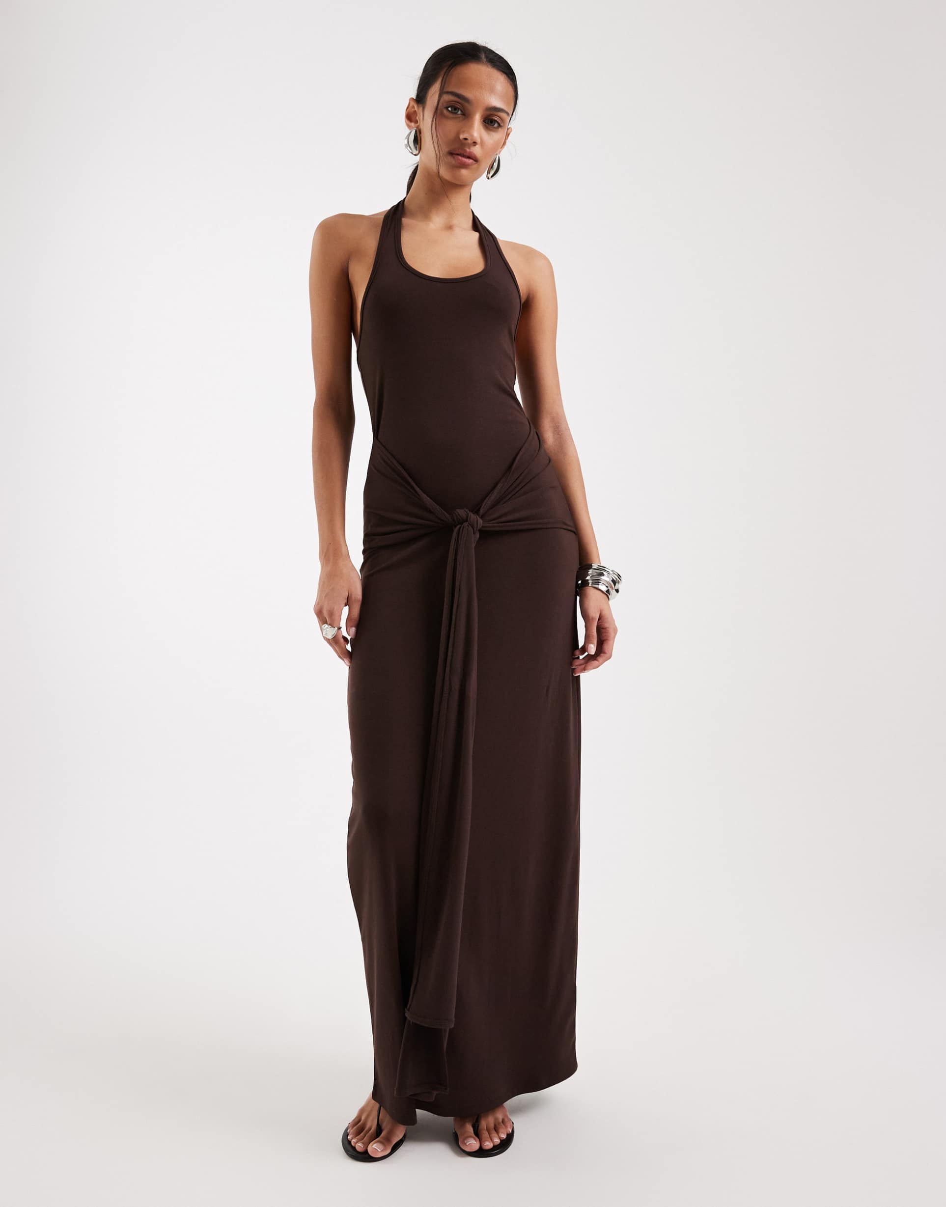 4th & reckless soft jersey scoop halterneck draped tie front maxi dress in chocolate