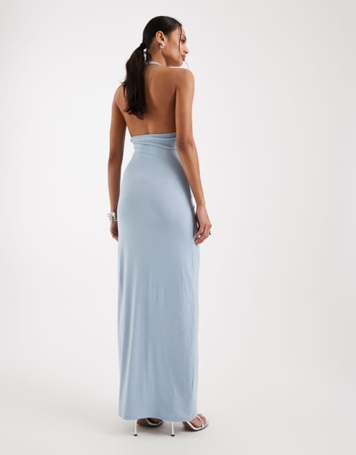4th & Reckless soft jersey scoop neck halterneck drape tie front maxi dress in baby blue, 3 of 4