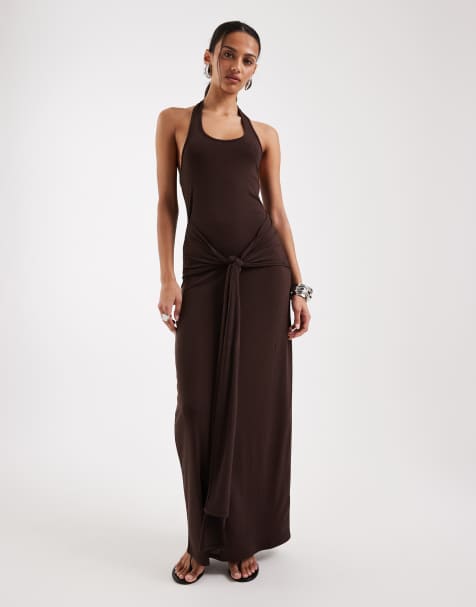 4th & Reckless soft jersey scoop neck halterneck drape tie front maxi dress in chocolate - view 1