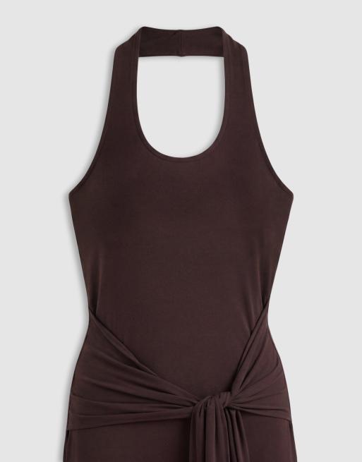 4th & Reckless soft jersey scoop neck halterneck drape tie front maxi dress in chocolate, 8 of 8