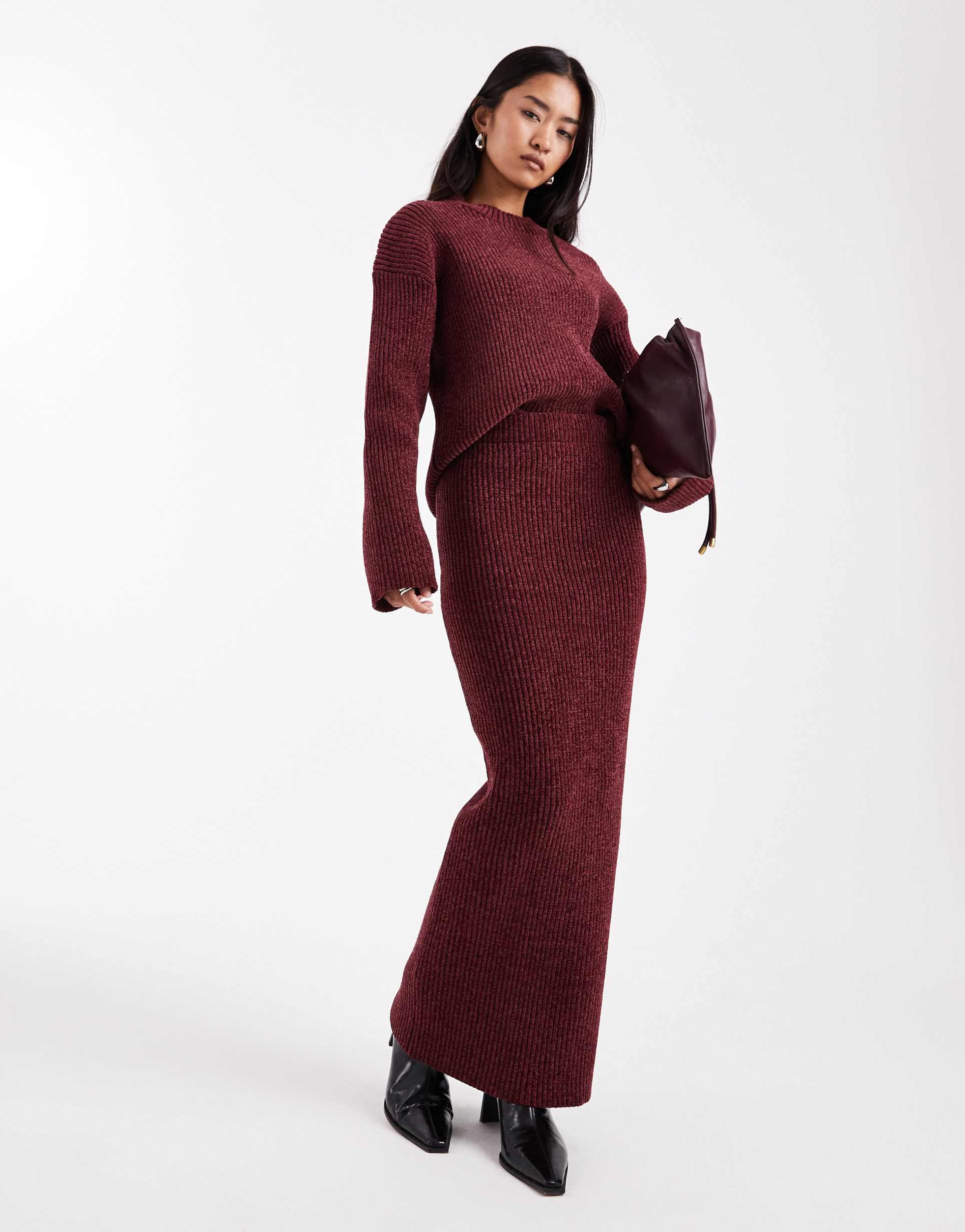 4th & reckless soft rib knit maxi skirt in burgundy - part of a set