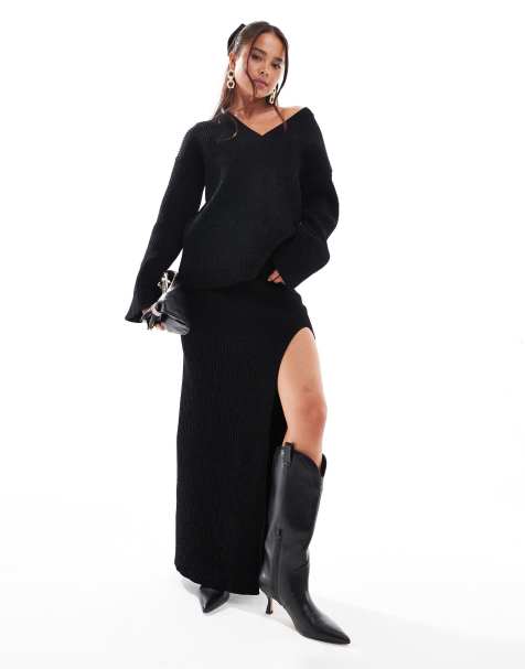 4th & Reckless soft rib v neck oversized jumper and maxi skirt co-ord in black - view 1