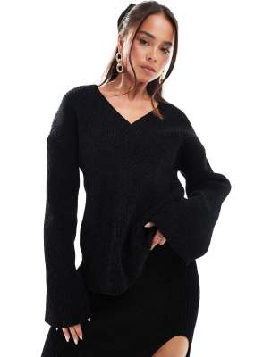 soft rib v neck oversized sweater in black - part of a set