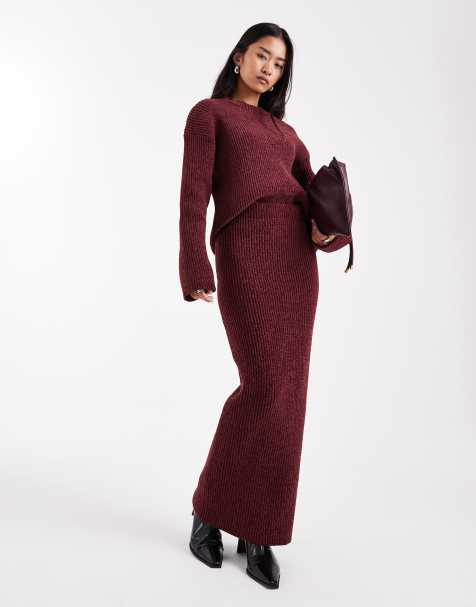 4th & Reckless soft ribbed knit maxi skirt co-ord in burgundy