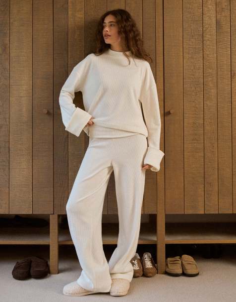 4th & Reckless soft touch ribbed foldover waist wide leg trouser co-ord in ecru - view 1