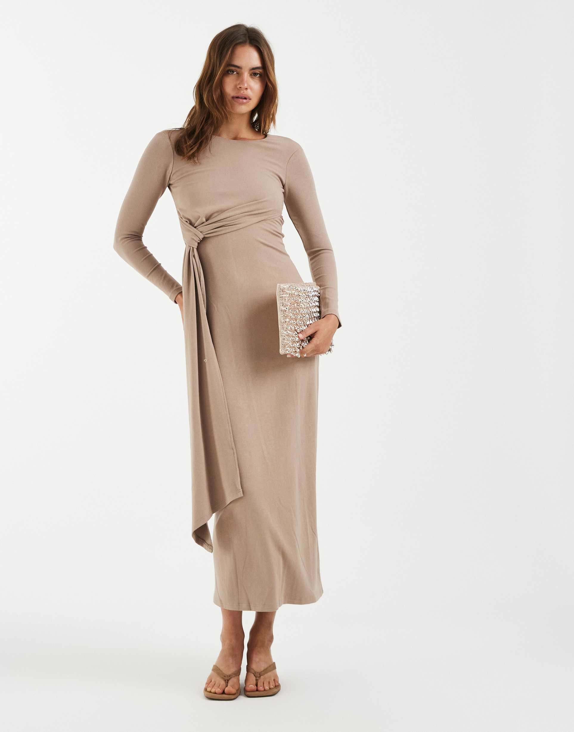 4th & reckless soft touch twisted front drape detail maxi dress in mocha
