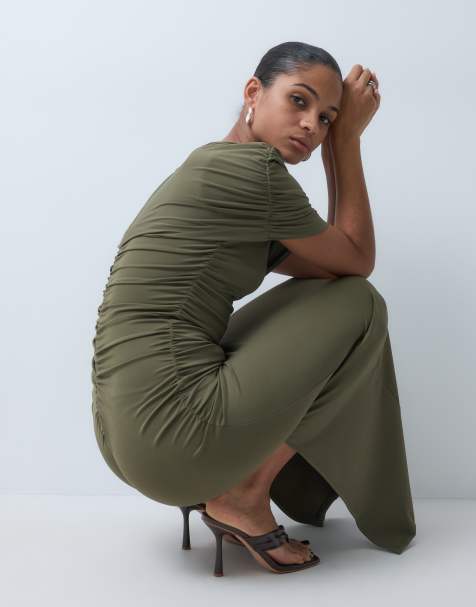 4th & Reckless soft touch wrap over ruched detail maxi dress in khaki - view 1