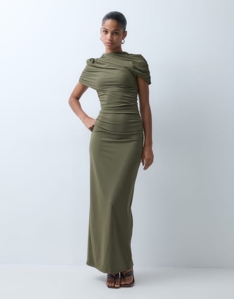 4th & Reckless soft touch wrap over ruched detail maxi dress in khaki