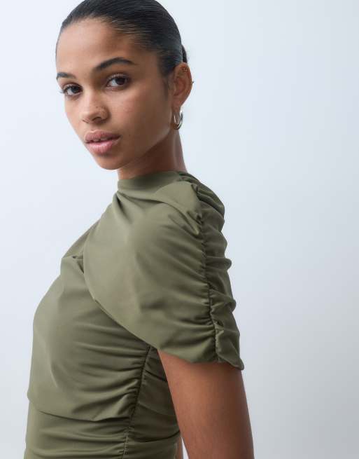 4th & Reckless soft touch wrap over ruched detail maxi dress in khaki, 3 of 5