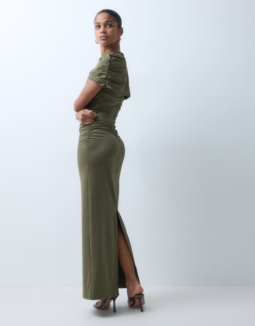 4th & Reckless soft touch wrap over ruched detail maxi dress in khaki, 4 of 5