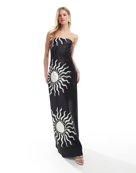 4th & Reckless - Sort bandeau-maxikjole med kontrasterende solprint i satin - view 1