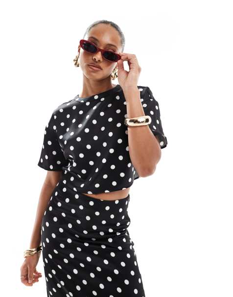 4th & Reckless - Sort cropped top i satin med polkaprikker - Del af sæt - view 1