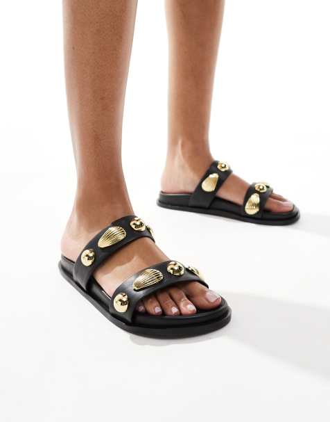 4th & Reckless - Sorte flade sandaler med dobbelte remme med guldfarvede skaludsmykninger - view 1
