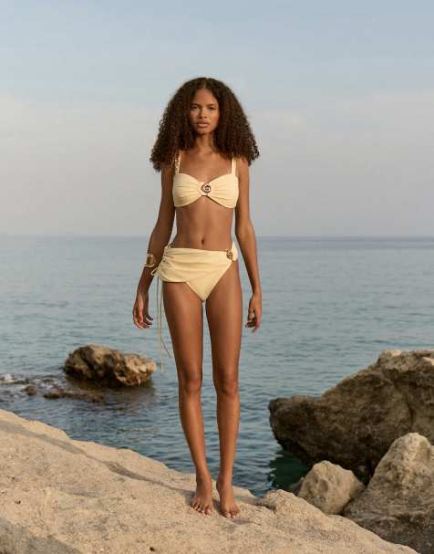 4th & Reckless spiral hardware ruched wrap side bikini bottoms in yellow (part of a set) - view 1