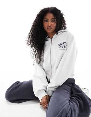 sports club oversized logo zip through hoodie in gray heather