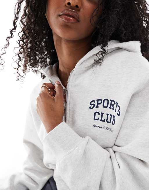 4th & Reckless sports club oversized logo zip through hoodie in grey marl, 3 of 4
