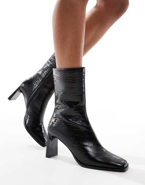 4th & Reckless square toe heeled ankle boots in black croc - view 1